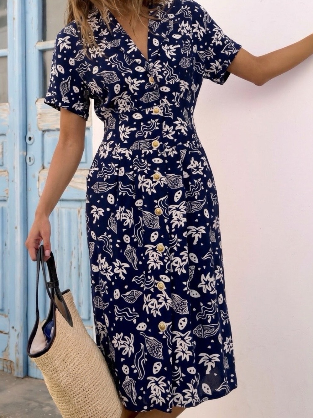 Vintage 90s Coastal Button Down Dress nautical theme print